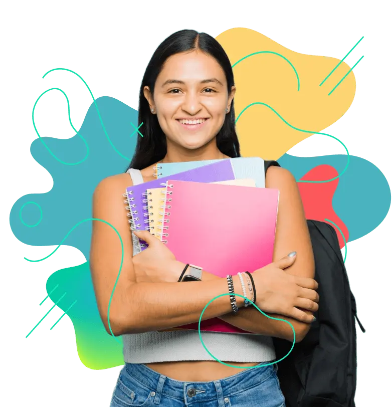 Smiling female student holding colorful notebooks with a backpack, standing in front of abstract educational graphics