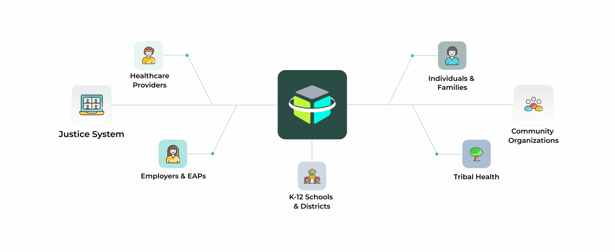Diagram showing a connected care ecosystem linking healthcare providers, schools, justice systems, employers, and community organizations