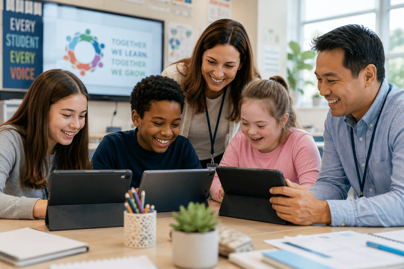 Students and educators smile while using tablets together in a collaborative classroom environment focused on inclusive learning, teamwork, and digital engagement.